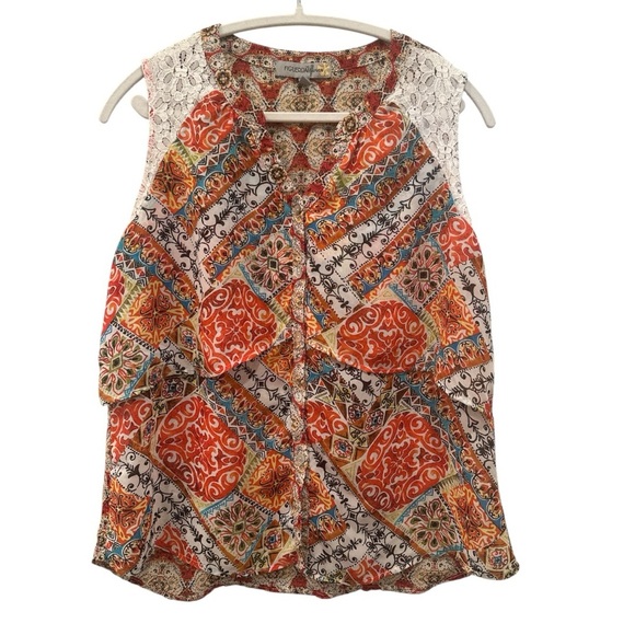 Fig and Flower Sleeveless Blouse Boho Lace Petite XL Lightweight Pearl Button - Picture 1 of 7